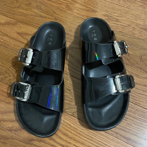 IRO Shoes - IRO Black Holographic Double Buckle Slide Sandals